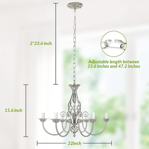 6-Light Rustic Farmhouse Candle Chandelier, Brushed Nickel