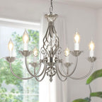 6-Light Rustic Farmhouse Candle Chandelier, Brushed Nickel