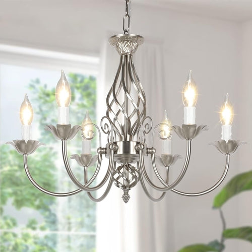 6-Light Rustic Farmhouse Candle Chandelier, Brushed Nickel