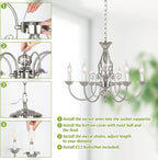 6-Light Rustic Farmhouse Candle Chandelier, Brushed Nickel