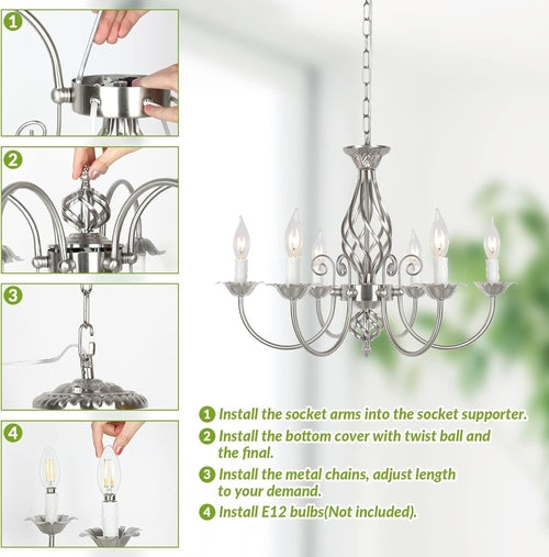 6-Light Rustic Farmhouse Candle Chandelier, Brushed Nickel