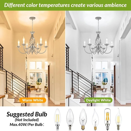 6-Light Rustic Farmhouse Candle Chandelier, Brushed Nickel