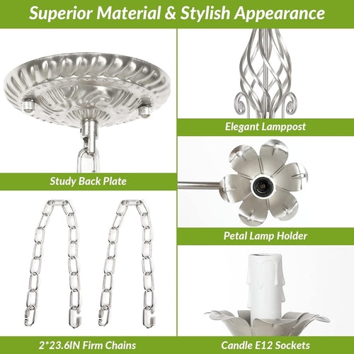 6-Light Rustic Farmhouse Candle Chandelier, Brushed Nickel